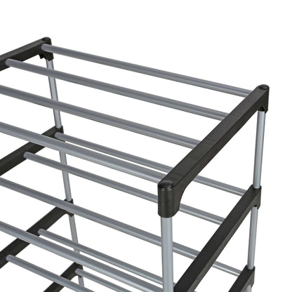 Mainstays 4 Tier Shoe Rack, Black and Silver, 8 Pairs of Shoes, Metal Tubes & Plastic Connectors