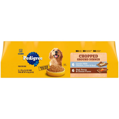 Pedigree Chopped Ground Dinner Chicken & Bacon Variety Pack Wet Dog Food, (12) 13.2 oz Cans