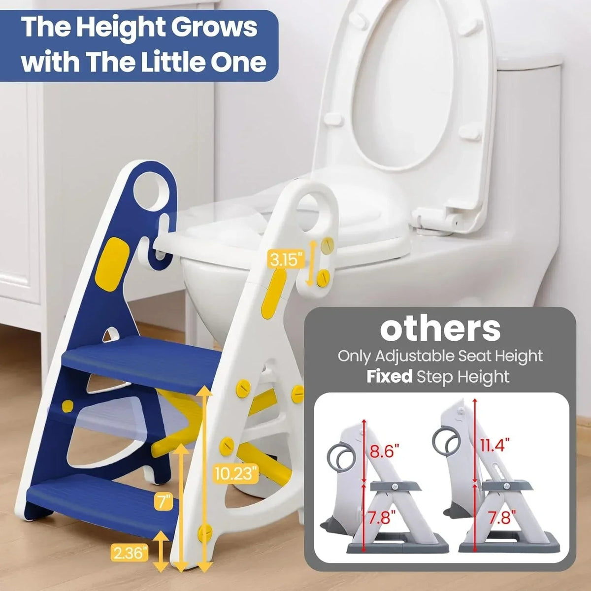 Primlect Potty Training Toilet Seat, 2 in 1 with Ladder, Adjustable Height ,for Ages 1-3, Blue