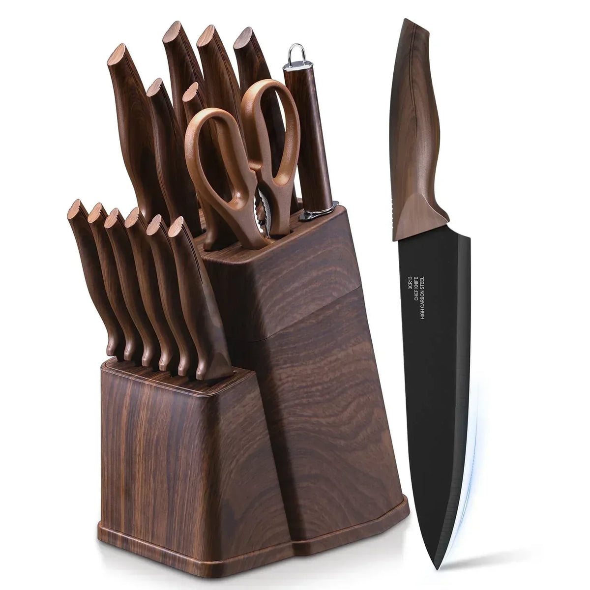 Vesteel Knife Set for Kitchen with Block, 15 Pcs High Carbon Stainless Steel Kitchen Knife Set with Self Sharpening