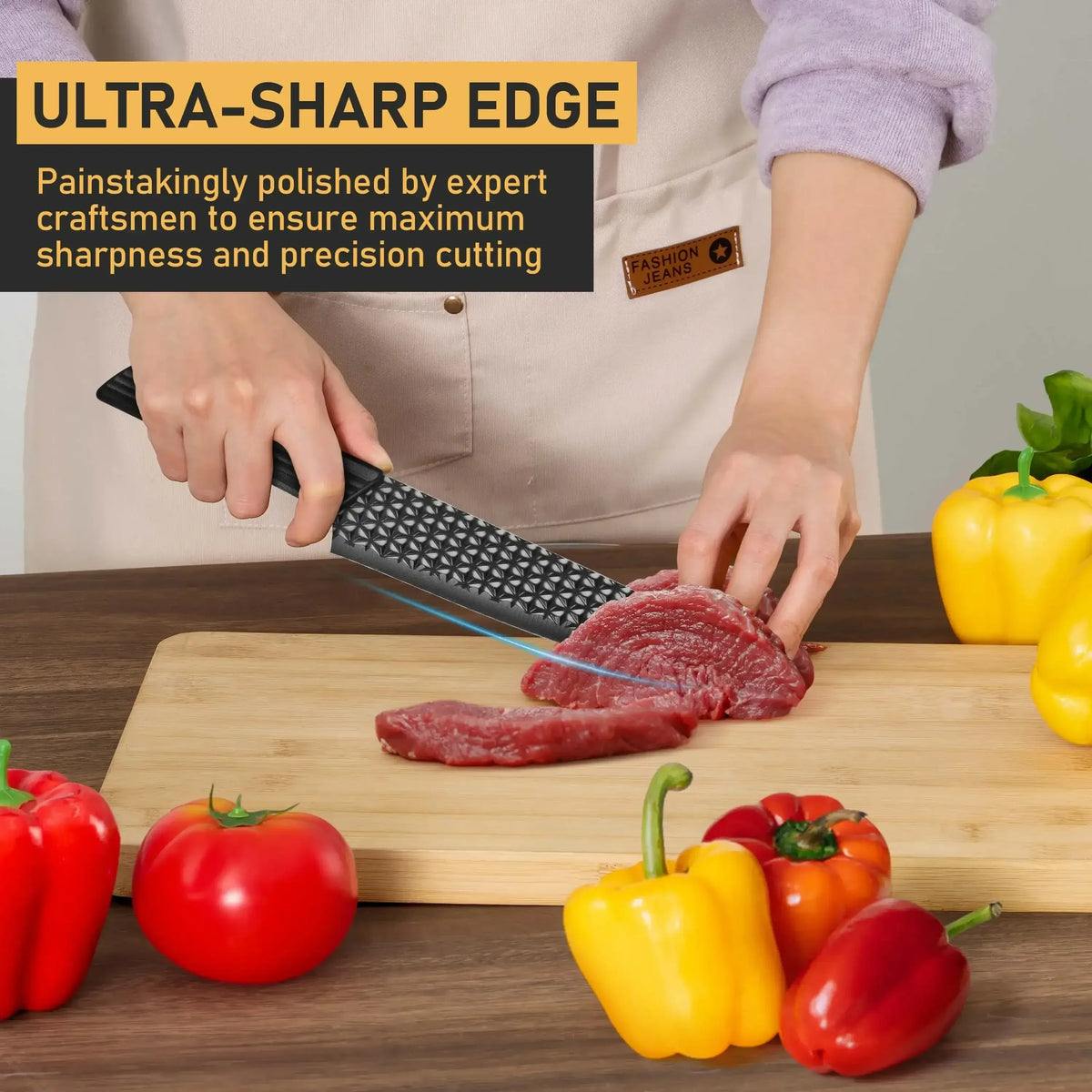 Vesteel Kitchen Knife Set of 7, Professional Stainless Steel Knives Set for Kitchen with Universal Knife Block - Khaki