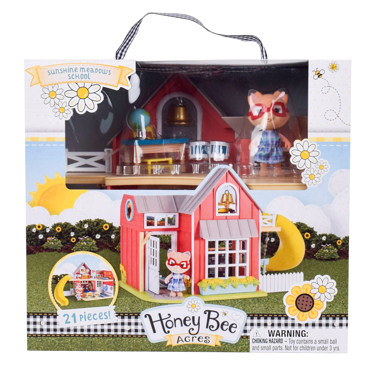 Honey Bee Acres Sunshine Meadow School – 21 Piece Miniature Dollhouse with Accessories & Exclusive Fox Figure – Pretend Play Set for Kids Ages 3+