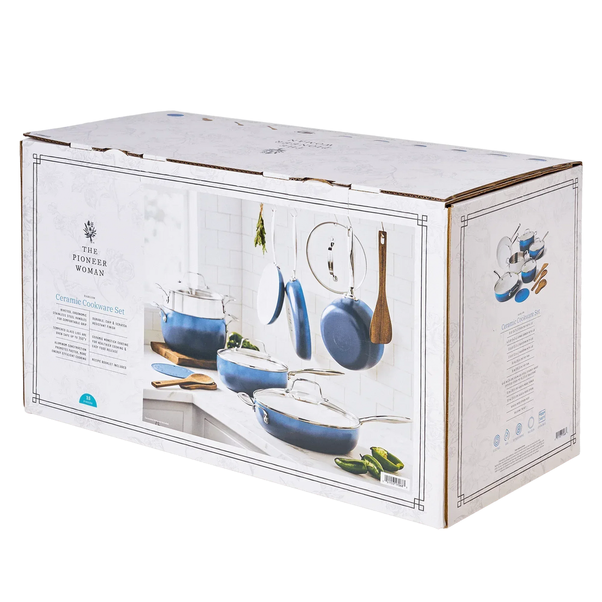 The Pioneer Woman Harlow 15-Piece Cookware Set, Ceramic Non-Stick Pots and Pans Set, Denim Blue
