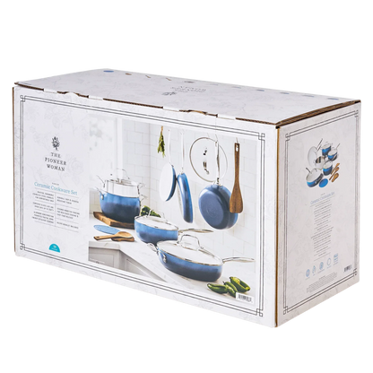 The Pioneer Woman Harlow 15-Piece Cookware Set, Ceramic Non-Stick Pots and Pans Set, Denim Blue