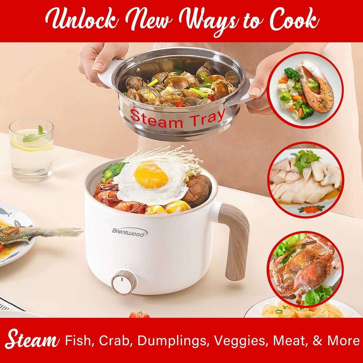 Brentwood 1.6-Qt. Multifunction Electric Ceramic Non-Stick Hot Pot Cooker with Stainless Steel Food Steamer, White