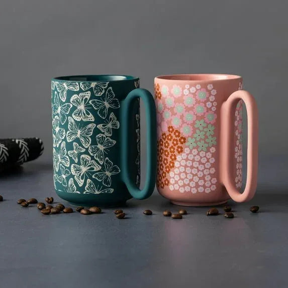 Thyme & Table 4 Pack Green Butterflies and Pink Flowers Mugs 19.6 fl oz, Soft Touch, Stoneware