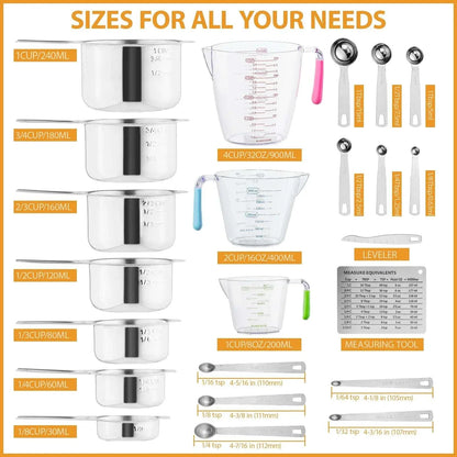Lumikrypt 23Pcs Measuring Cups and Spoons Set, Stainless Steel Nesting Measuring Cups Spoons with Plastic Measuring Cup for Dry and Liquid Ingredients, Measurement Conversion Chart Fridge Magnet