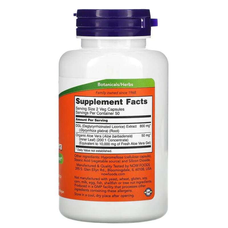 NOW Foods, DGL with Aloe Vera, 400 mg, 100 Veg Capsules