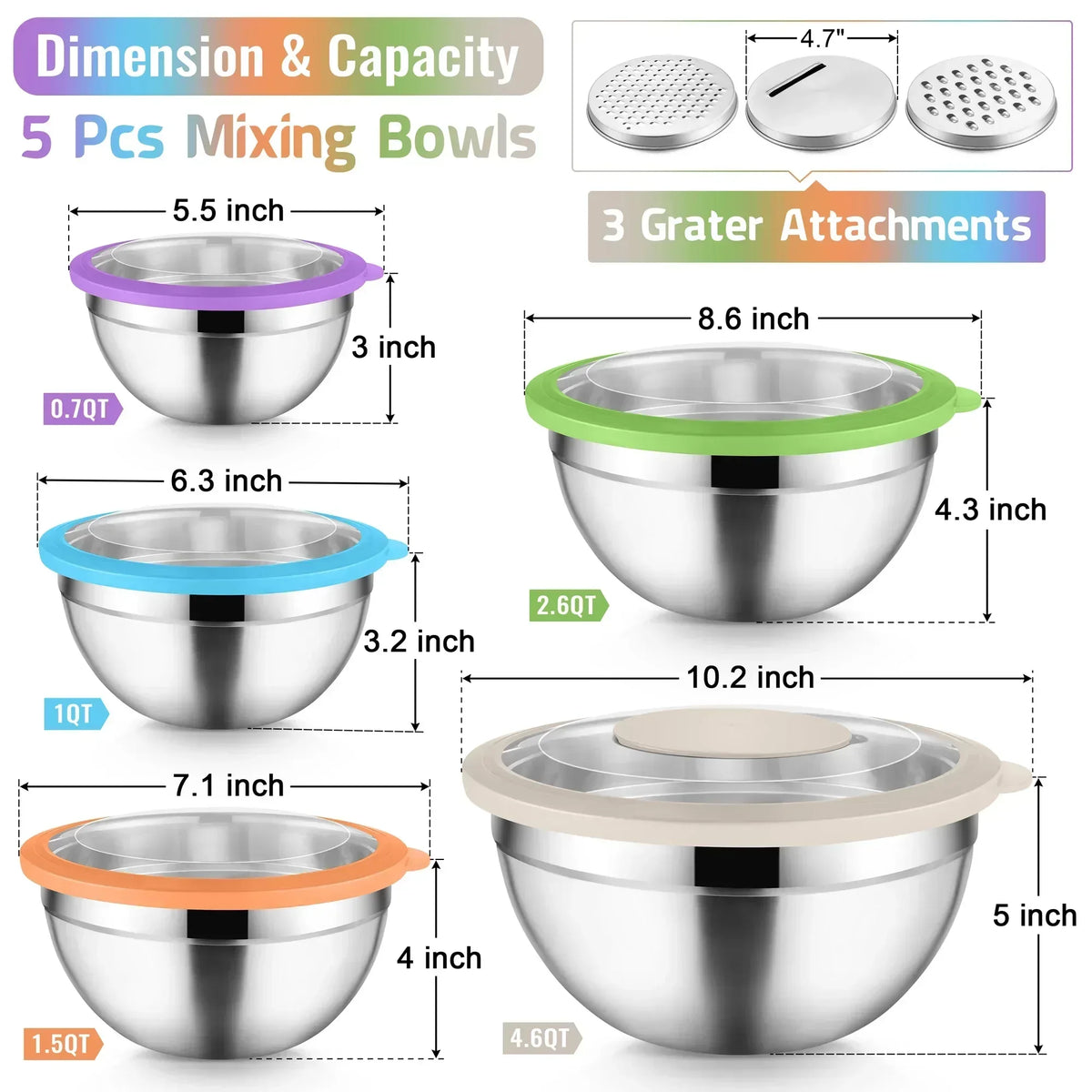Vesteel Mixing Bowls with Lids Set of 8, Stainless Steel Prep Bowls with Upgraded Airtight Visible Lid, Metal Nesting Bowl Attach with 3 Graters for Kitchen Grating/ Shredding / Mixing