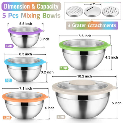Vesteel Mixing Bowls with Lids Set of 8, Stainless Steel Prep Bowls with Upgraded Airtight Visible Lid, Metal Nesting Bowl Attach with 3 Graters for Kitchen Grating/ Shredding / Mixing