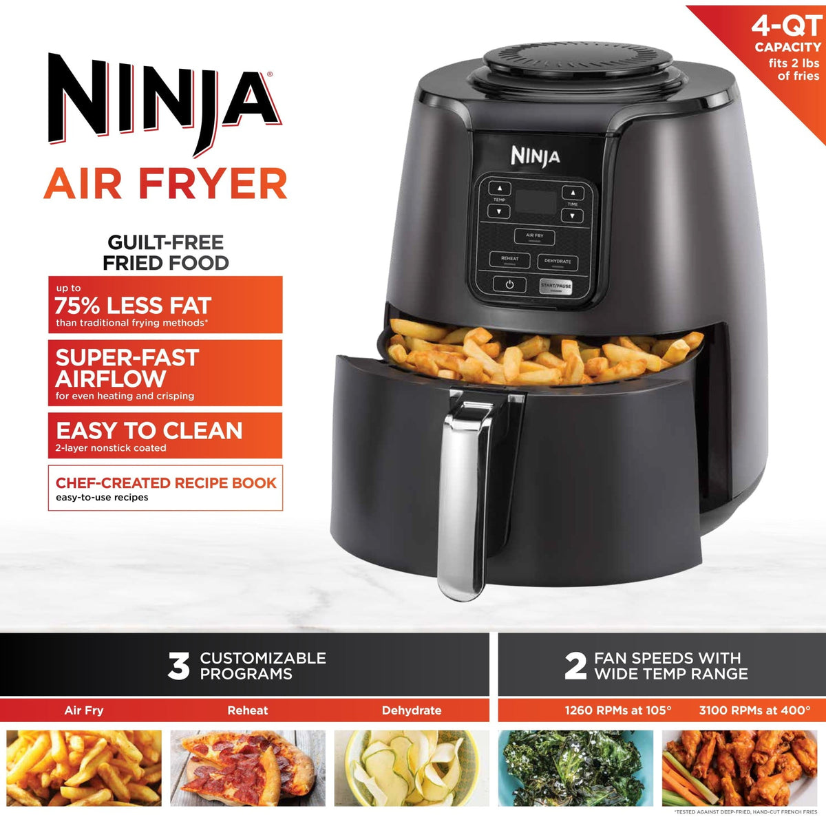 Ninja 4-Qt Air Fryer, 3 Functions, Air Fry, Reheat, and Dehydrate, Dishwasher Safe, Non-Stick, AF100WM Black