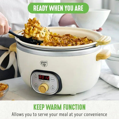 GreenLife 6 Quart Non Stick Family Meal Slow Cooker with Removable Pot, Cream