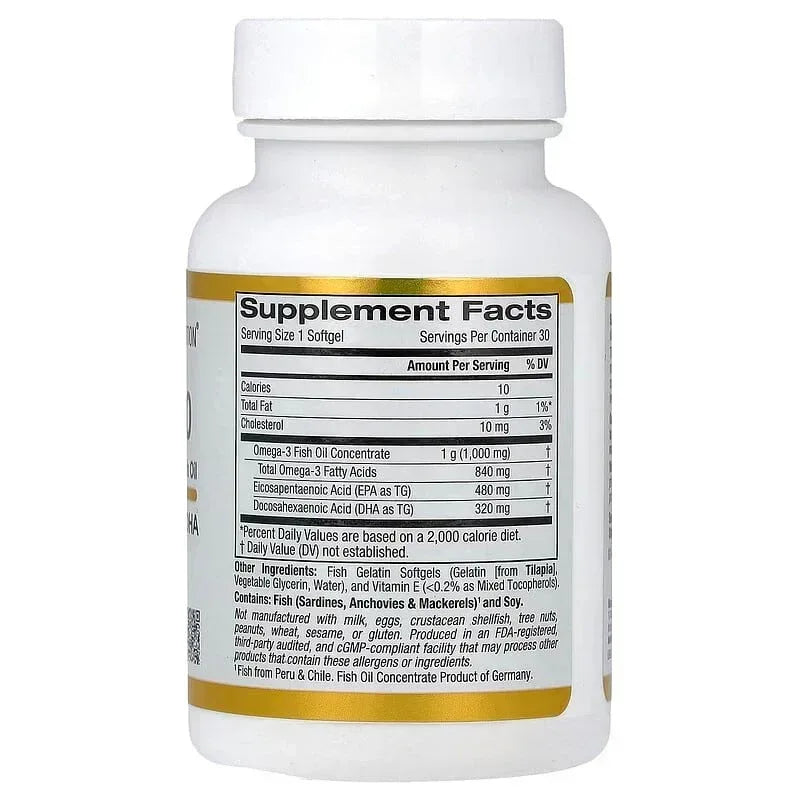 California Gold Nutrition, Omega 800 Ultra-Concentrated Omega-3 Fish Oil, kd-pur® Triglyceride Form (1,000 mg per Softgel)