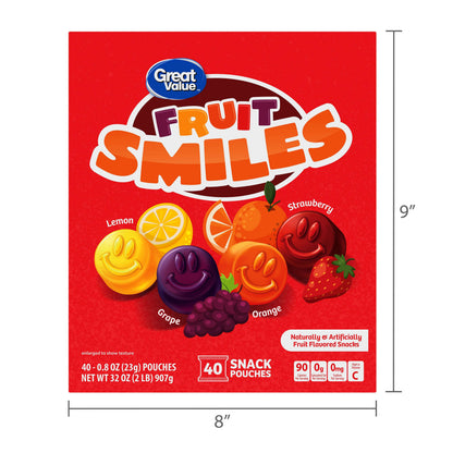Great Value Fruit Smiles Snacks, Original Flavor, 40 Count