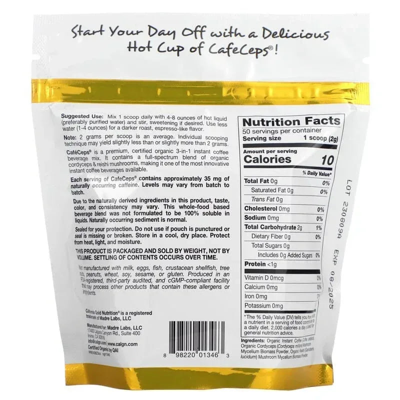 California Gold Nutrition, CafeCeps, Certified Organic Instant Coffee with Full-Spectrum, Organic Cordyceps and Reishi Mushroom Powder, 3.5 oz (100 g)