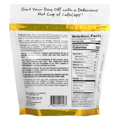 California Gold Nutrition, CafeCeps, Certified Organic Instant Coffee with Full-Spectrum, Organic Cordyceps and Reishi Mushroom Powder, 3.5 oz (100 g)