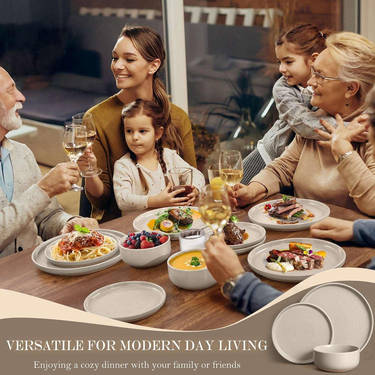 Vesteel 18-Piece Dinnerware Set, Ceramic Plates and Bowls Set for 6, Speckled Stoneware Dishes Set for Family, Microwave & Dishwasher Safe - Cappuccino Brown