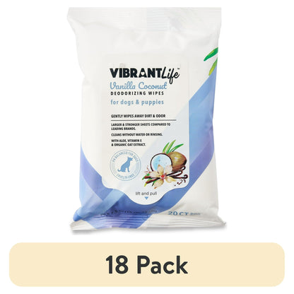 (18 pack) Vibrant Life Vanilla Coconut Deodorizing Wipes for Dogs & Puppies, 20 Count