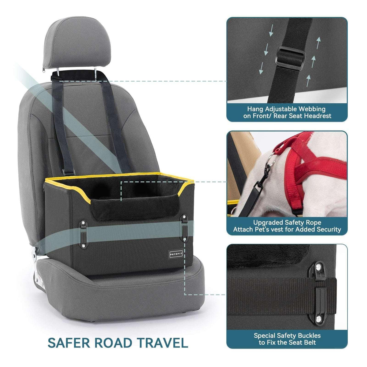 PETSFIT Pet Booster Car Seat for Small Dogs, Puppy Stable Car Seat for Car with Clip-On Leash,Up to 25lbs，Black