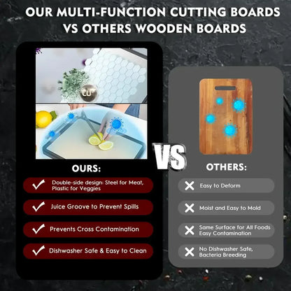 Double-Sided Cutting Board, AOKIWO Large Cutting Boards with Handle & Knife Protector finger guard，Non toxic Stainless Steel Wheat straw PP Chopping Board for Kitchen meat and vegetables-16 * 11 Inch