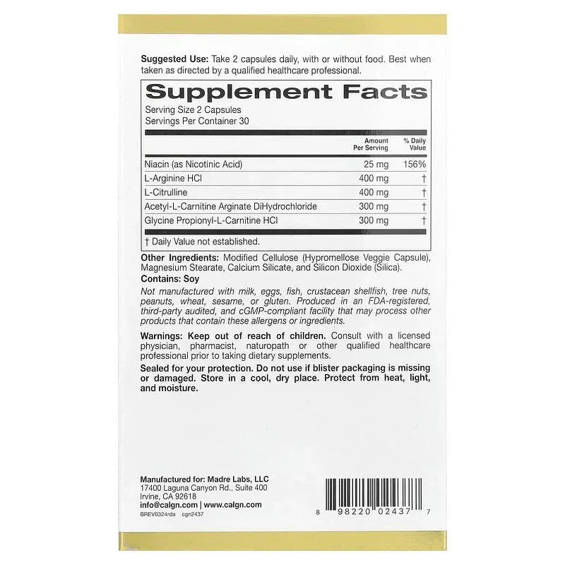 California Gold Nutrition, Rexdrive™ Amino with L-Arginine HCl, L-Citrulline, Acetyl-L-Carnitine Arginate DiHydrochloride, and Glycine Propionyl-L-Carnitine HCl, Men's Formula, 60 Veggie Capsules