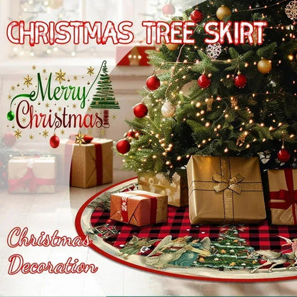 Christmas Tree Skirt, New Year Xmas Deco, 48 Inches Large Christmas Tree Skirts Snowflake Red and Black Plaid Stamp for Christmas Tree Decorations