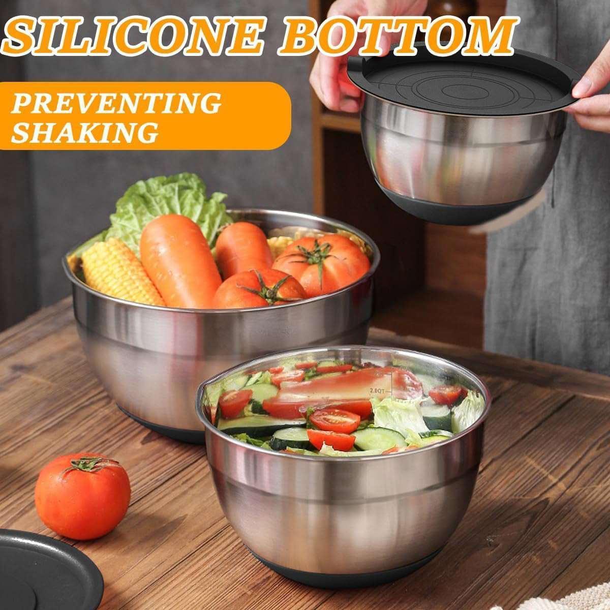 Mixing Bowls with Airtight Lids, AOKIWO 26Pcs Stainless Steel Nesting Non-Slip Bottoms Mixing Serving Bowls Set wtih 3 Grater & Tools Gadgets, 7/4/2.5/2/1.5/1QT Metal Salad Bowls for Serving Preppi
