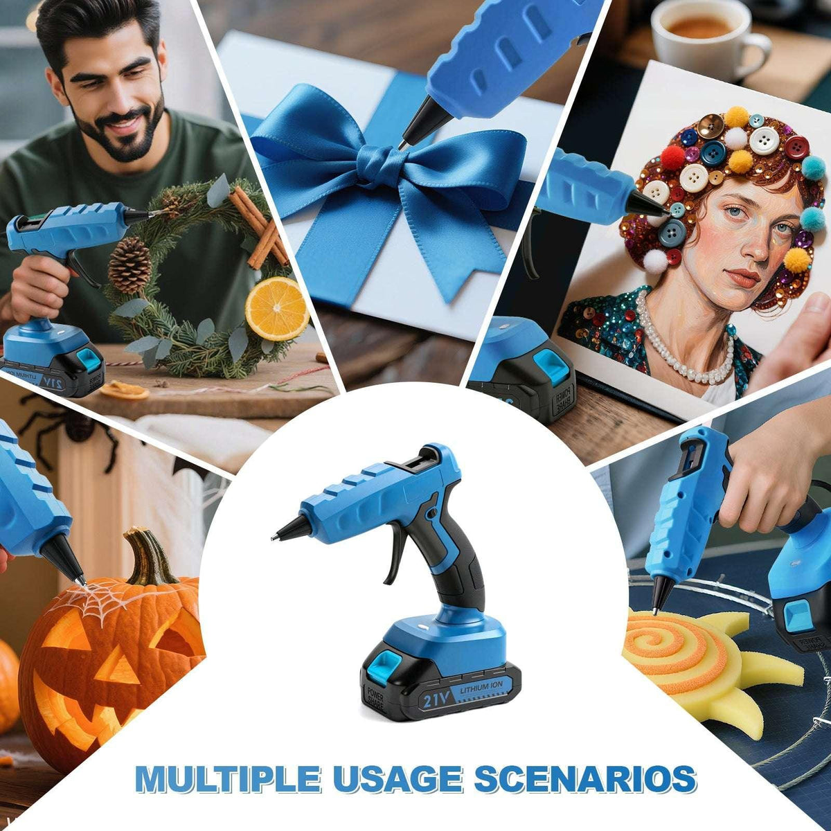 Cordless Hot Glue Gun with 2.0Ah Battery Charger and 30pcs Full Size Glue Sticks 100W Power Melt Glue Gun for DIY Festival Decor and Gifts, Blue