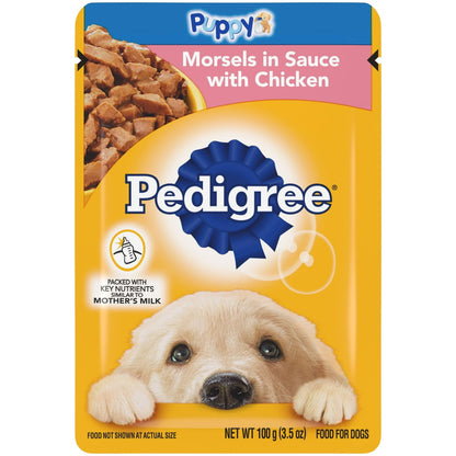 Pedigree Puppy Food Morsels in Sauce, Wet Dog Food, Chicken Flavor, 3.5 oz. Pouches, 16 Count