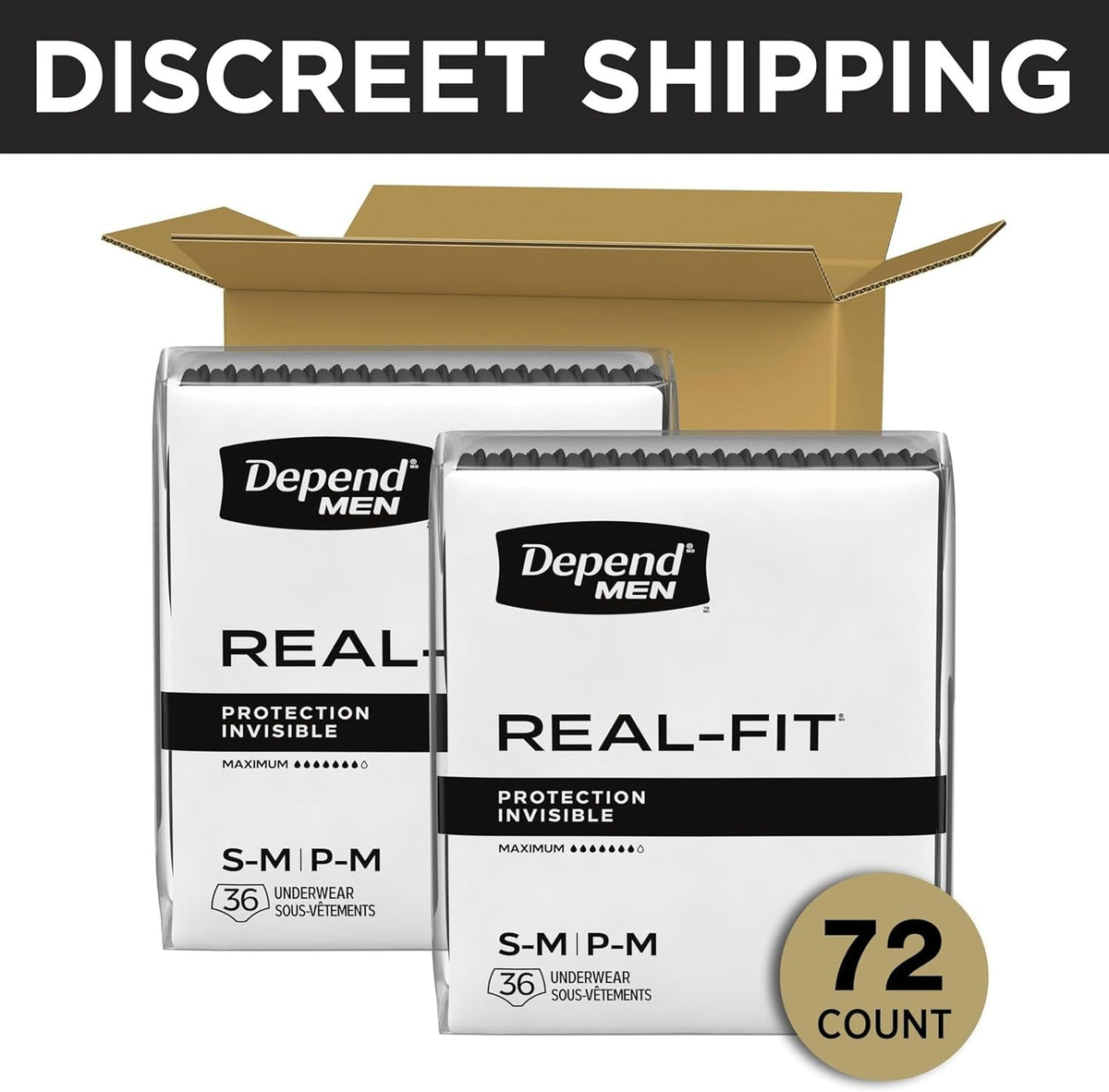 Depend Real Fit Adult Diapers, Incontinence Underwear for Men, Disposable, Maximum Absorbency, Small/Medium, Black, 56 Count (2 Packs of 28), Packaging May Vary