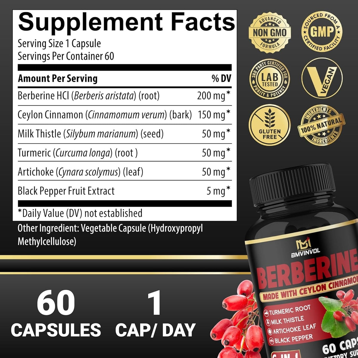 Berberine with Ceylon Cinnamon, Turmeric, Milk Thistle, Artichoke, Black Pepper - 150 Count - Pack of 1