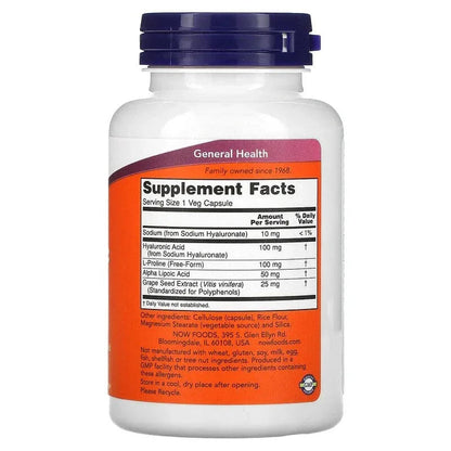 NOW Foods, Hyaluronic Acid With L-Proline, Alpha Lipoic Acid and Grape Seed Extract, 100 mg