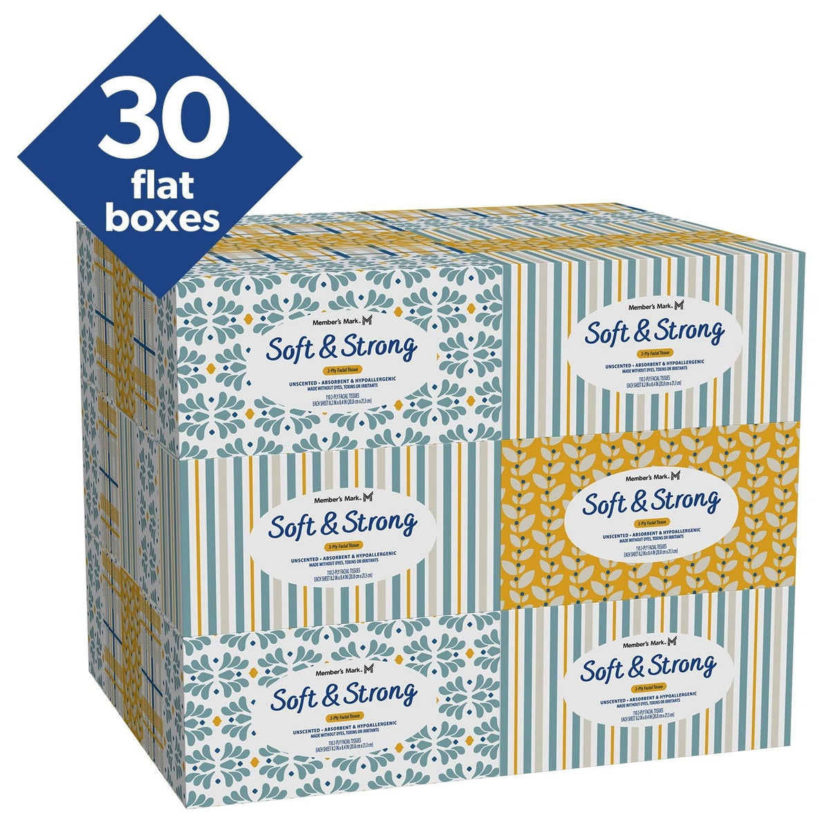 Member's Mark Soft and Strong 2-Ply Facial Tissues 30 boxes., 110 tissuesbox