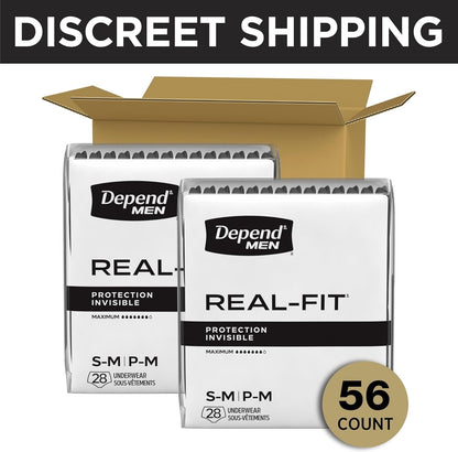 Depend Real Fit Adult Diapers, Incontinence Underwear for Men, Disposable, Maximum Absorbency, Small/Medium, Black, 56 Count (2 Packs of 28), Packaging May Vary