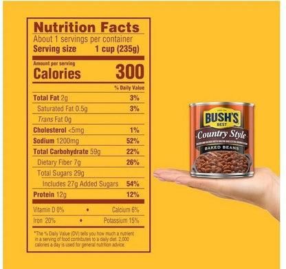 Bush's Best Baked Beans, Country Style with Bacon and Brown Sugar, 8.3 OZ (Pk 12