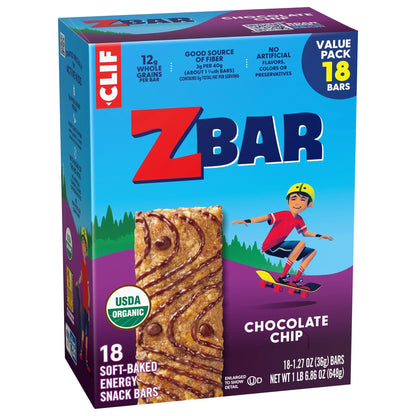 Zbar Chocolate Chip Flavor Soft Baked Snack Bars, Organic Granola Bars, 18ct