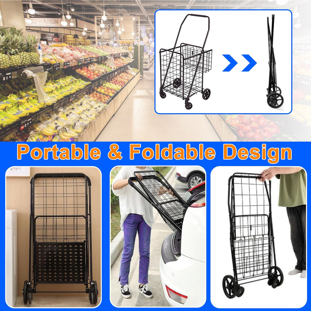 Folding Shopping Cart, Heavy Duty Grocery Cart with Removable Basket, 360° Rolling Laundry Cart & Lightweight Trolley for Shopping, Grocery, Laundry, Supermarket, Camping, Outdoor, Beach