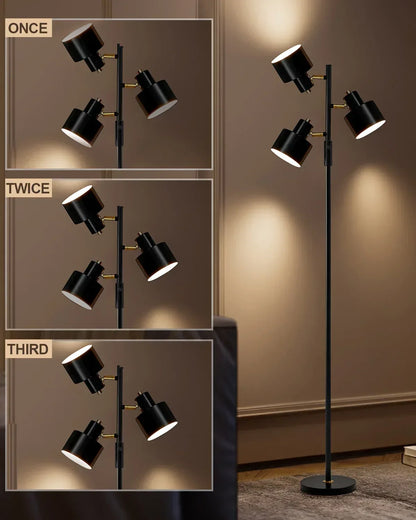 Yokila 66.25" 3 Light Modern Black Metal Floor Lamp for Living Room Bedroom Tall Standing Lamp with Rotary Switch for Home Office