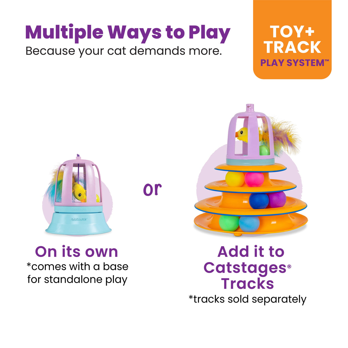 Catstages 2-in-1 Chirping Bird Interactive Cat Toy – Touch-Activated Toy with Sound and Ball Track Fun, Standalone Toy or Track Add-On, Purple