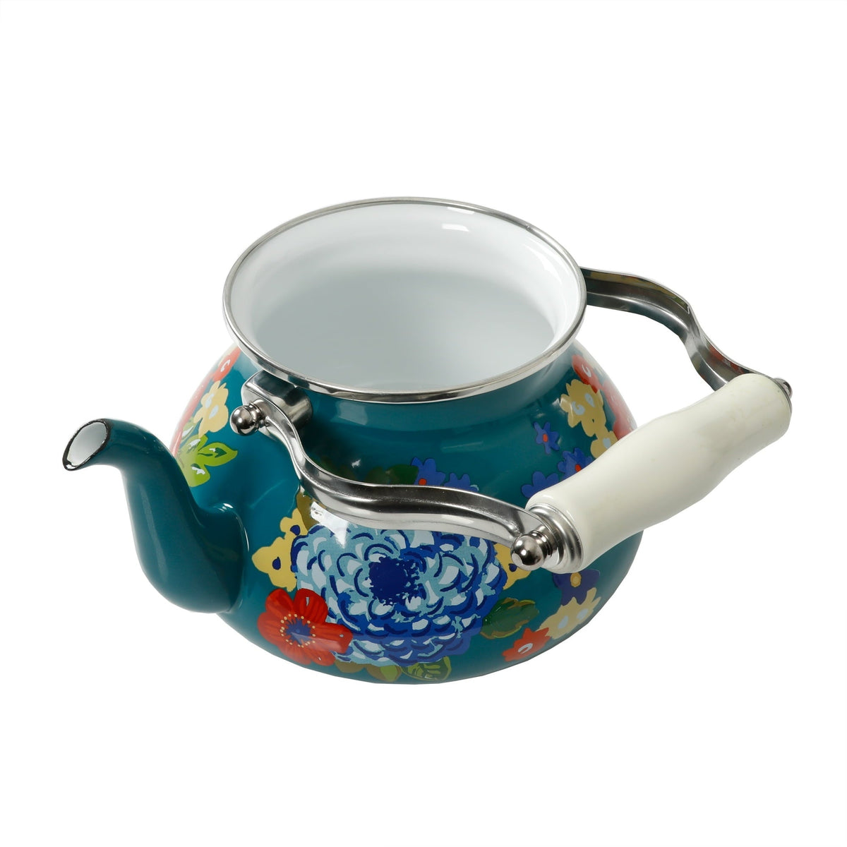 The Pioneer Woman Dazzling Dahlias Enamel on Steel 2 Quart Tea Kettle, Teal