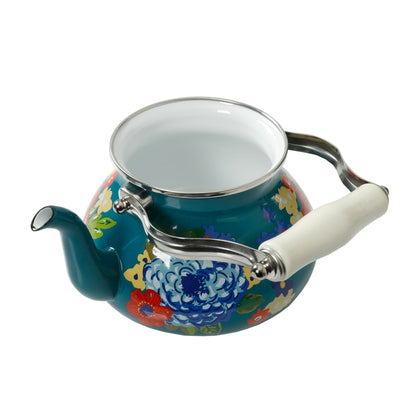 The Pioneer Woman Dazzling Dahlias Enamel on Steel 2 Quart Tea Kettle, Teal