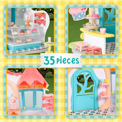 Honey Bee Acres Bees Teas Pastry Shop – 35 Piece Miniature Bakery Dollhouse with Cupcakes, Tea Cups & Exclusive Mouse Figure – Kids Ages 3+