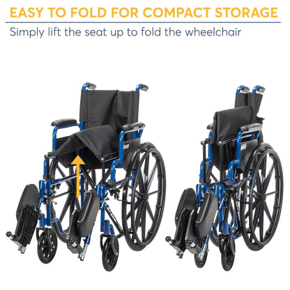 Drive Medical Blue Streak Wheelchair with Flipback Desk Arms, Elevating Leg Rests, 18" Seat, Steel Frame