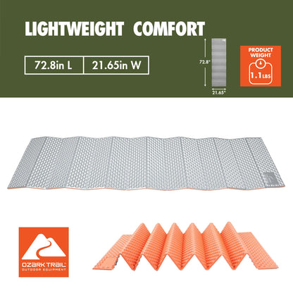 Ozark Trail Foldable Sleeping Pad, Outdoor, Light Weight, Product Size 72.8in x 21.6in, Material PE