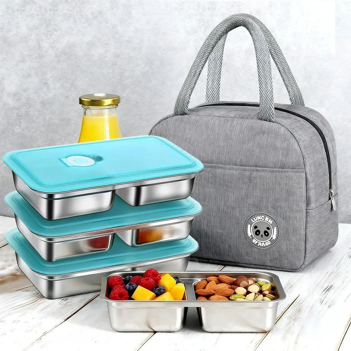 9 Pcs Stainless Steel Snack Containers with Lids and Lunch Box Bag, Grab and Go Snack Containers, Reusable 2 Compartment Stainless Steel Food Storage Containers Set for Travel & Outdoor Camping