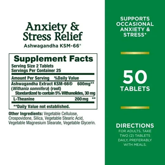 Nature’s Bounty Ashwagandha KSM-66 with L-Theanine Dietary Supplement, Tablets, 50 Count