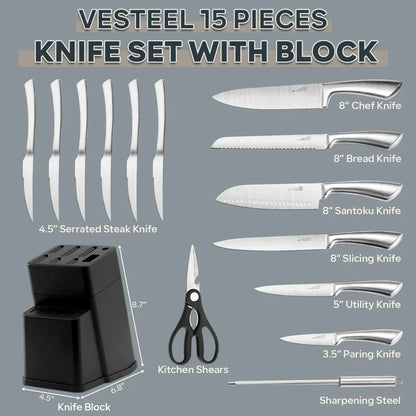 Vesteel Knife Set for Kitchen with Block, 15 Pcs High Carbon Stainless Steel Kitchen Knife Set with Self Sharpening