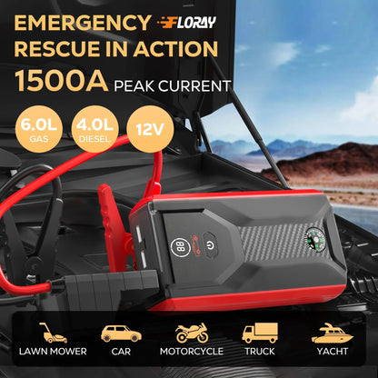 FLORAY Car Jump Starter Portable, 1500A Peak 12V Battery Jump Starter with Jumper Cables Car Battery Charger, Battery Booster Power Pack, Jump Boxes, up to 6.0L Gas/3.0L Diesel
