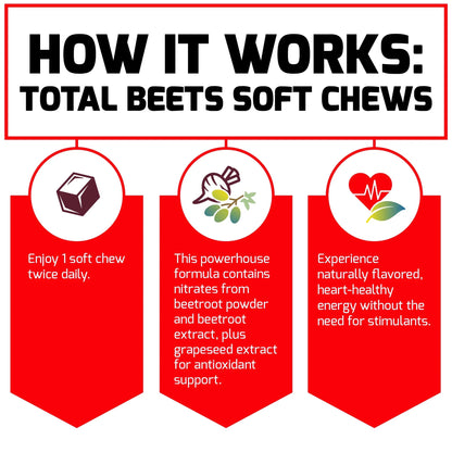 Force Factor Total Beets, Beet Root Supplement with Beetroot Powder for Heart Health, Nitric Oxide & Energy, Acai Berry, 60 Soft Chews