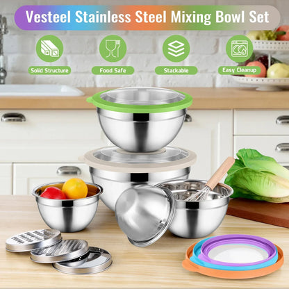 Vesteel Mixing Bowls with Lids Set of 8, Stainless Steel Prep Bowls with Upgraded Airtight Visible Lid, Metal Nesting Bowl Attach with 3 Graters for Kitchen Grating/ Shredding / Mixing
